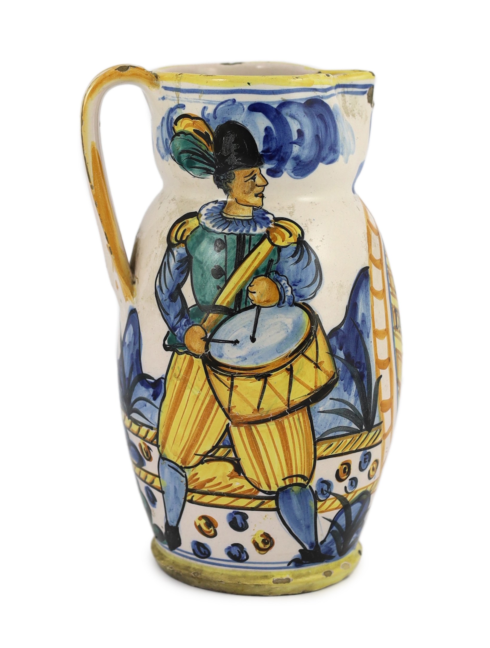 An Italian maiolica jug (boccale), probably Montelupo, 18th/19th century, 24.5cm high, minor damage